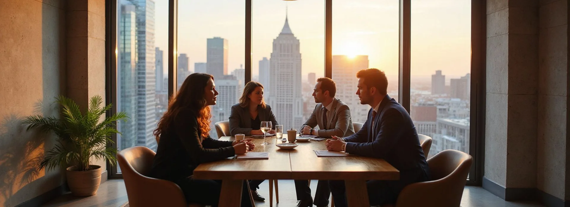 Houston High Rise Apartment Team meeting in a tower lounge with the Downtown skyline