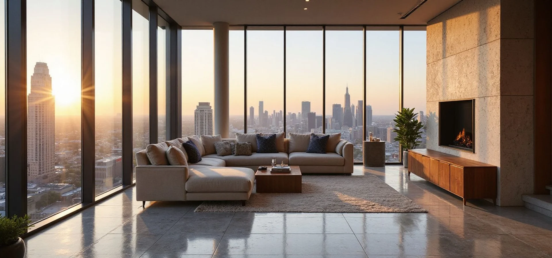 Houston skyline at golden hour through the windows of a luxury high rise living room