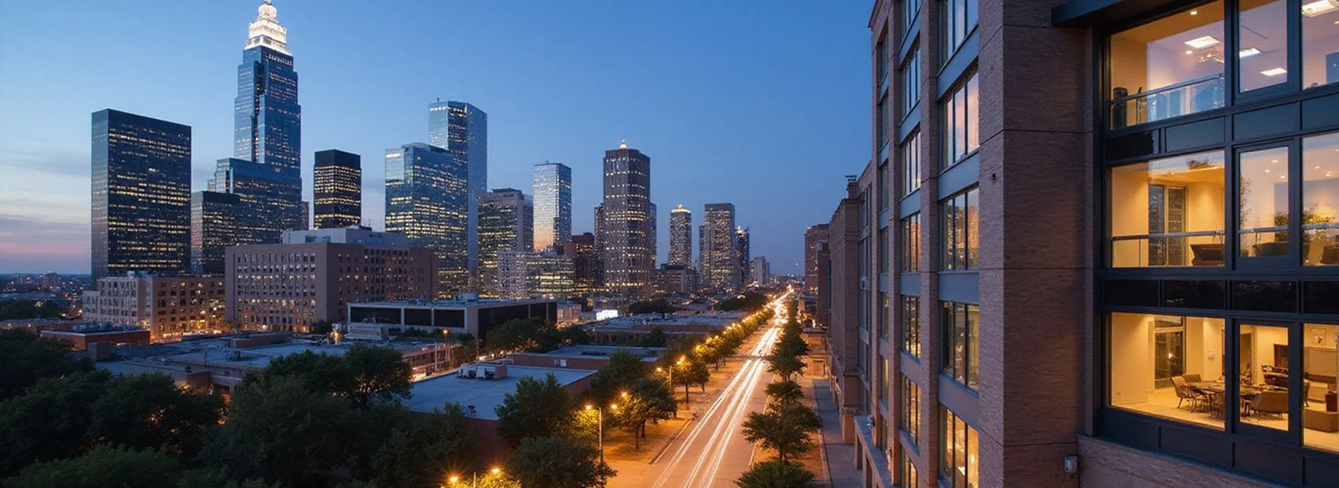 Houston skyline reflected in high rise glass at dusk