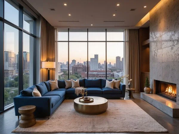 One-bedroom living room with skyline view at dusk