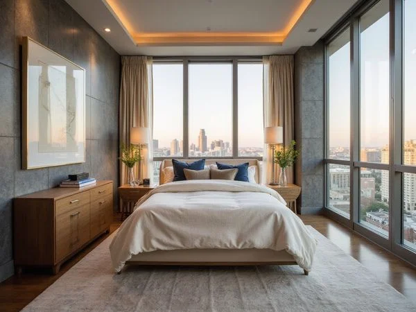 Primary bedroom facing the Galleria skyline