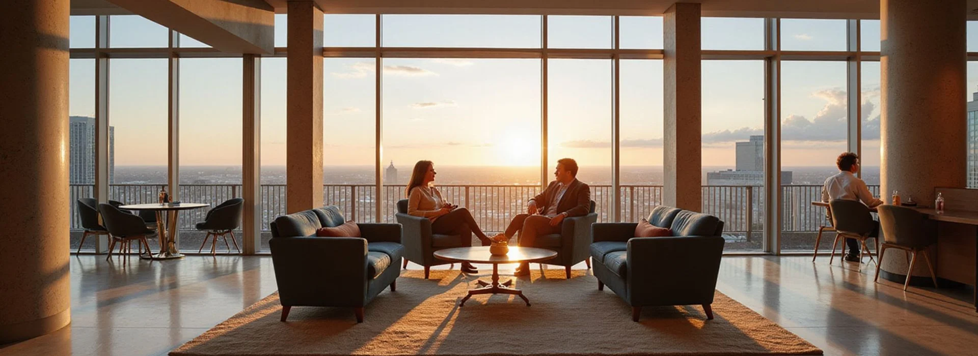 High rise resident lounge with a city view