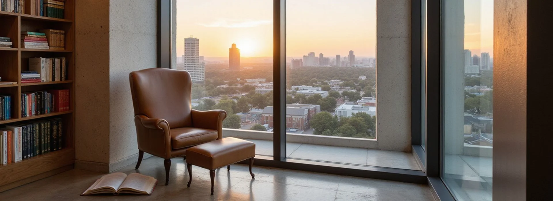 Reading nook in a Houston high rise library lounge at golden hour
