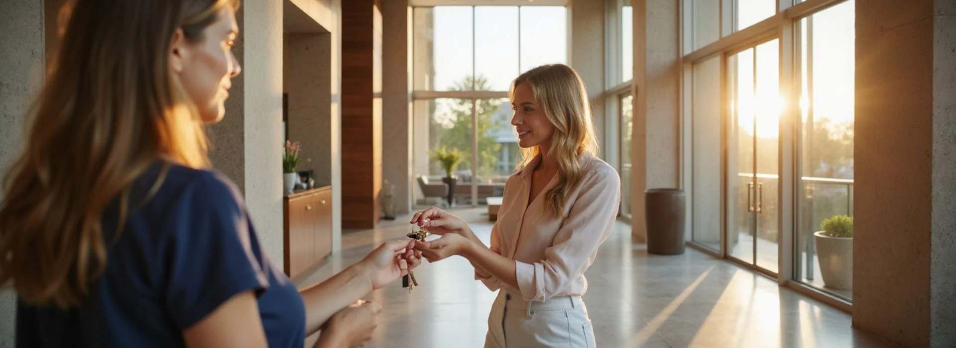Renter receiving keys in a Houston high rise lobby