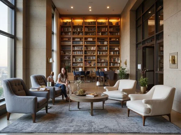 Resident lounge beside a tower lobby