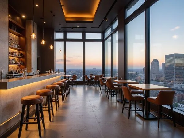 Sky lounge bar overlooking Houston at dusk