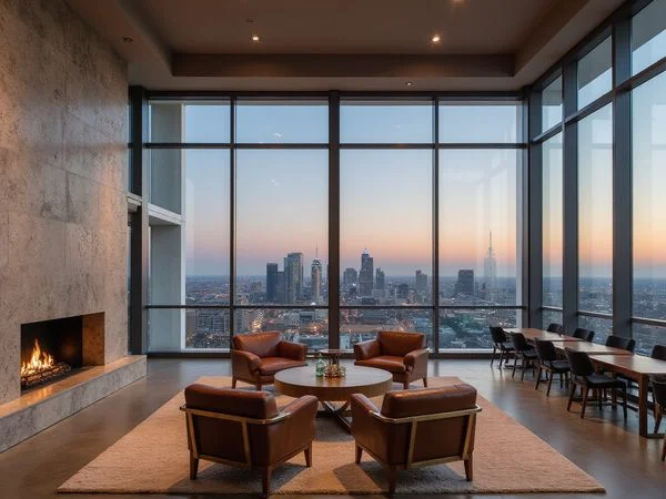 Sky lounge on an upper floor at dusk