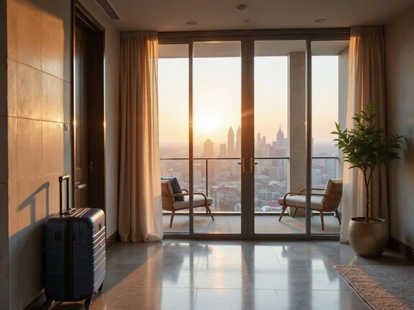 Move-in ready furnished apartment with a suitcase by the door